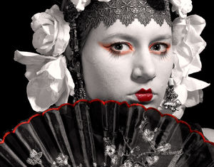 follow the red line, geisha, zwart-wit, portret, studio, fotografie